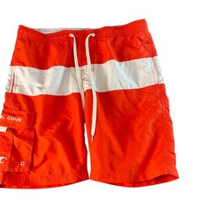 Teal Cove Mens Orange White Stripe Swim Trunks Mesh Lined Cargo Pocket Small